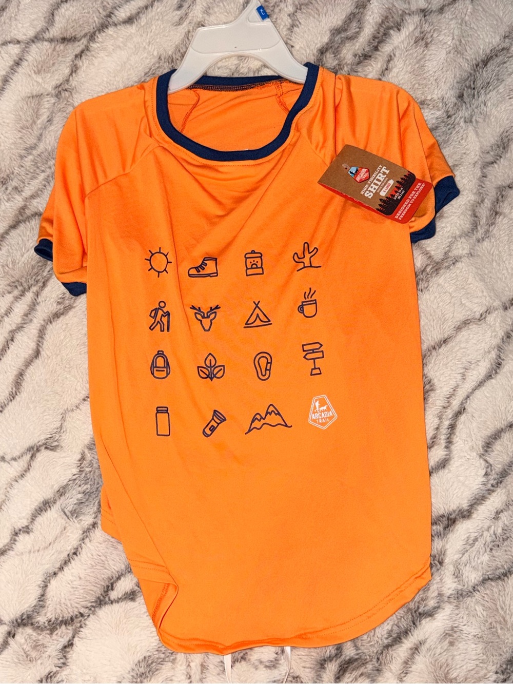 Arcadia Trail Orange dog Tee with Navy Trim and Adventure Icons